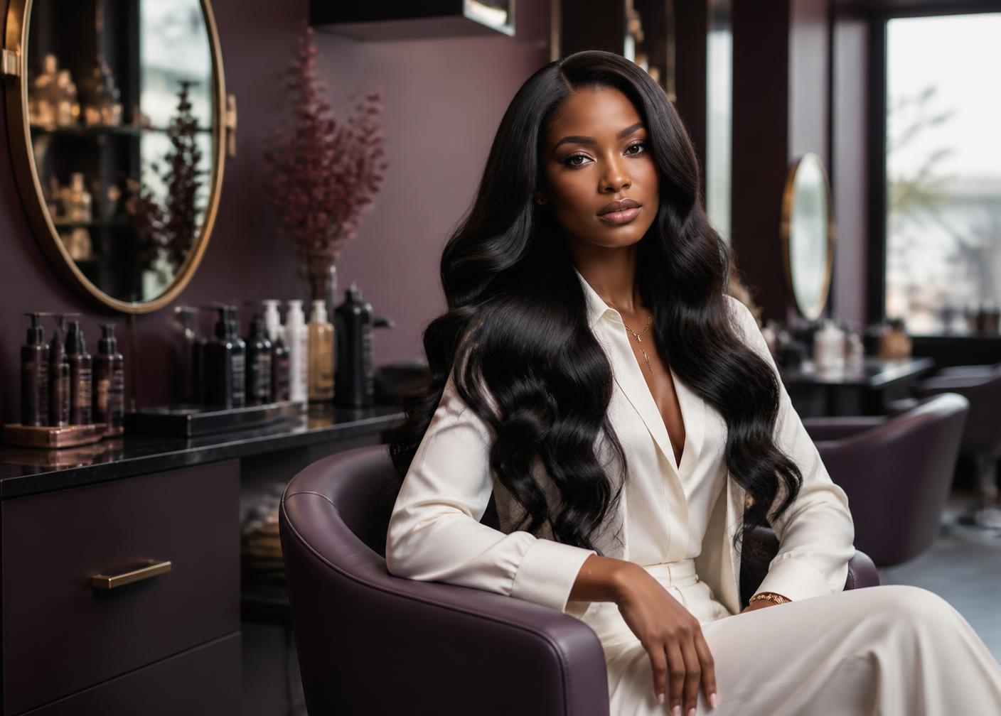 Salon client with luxury hair extensions seated in a modern plum-toned salon
